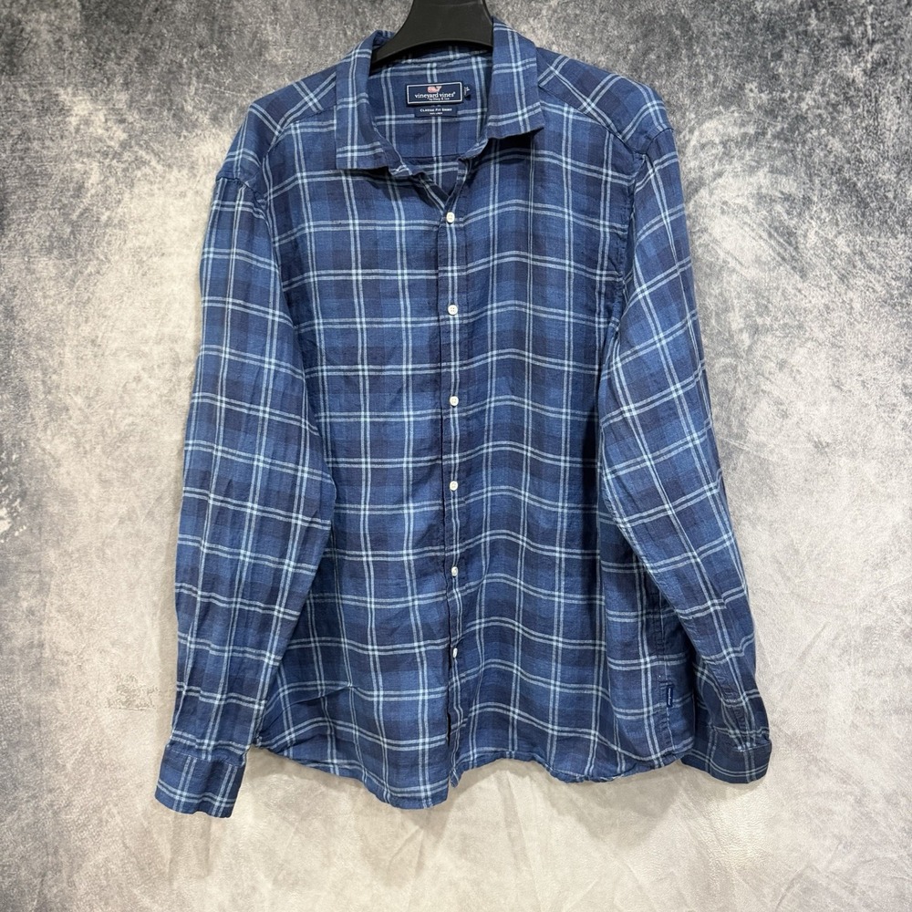 Vineyard Vines 100% Linen Classic Fit Shirt Blue Plaid Window Pane Button Up XL